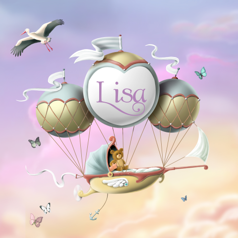 Geboortekaartje meisje met wieg aan luchtballonnen