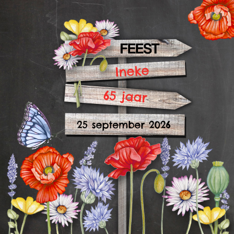 Uitnodiging verjaardag feest 65 jaar wegwijzer klaprozen