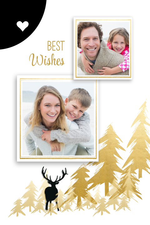 Kerstkaart fotocollage met kerstboompjes en hert
