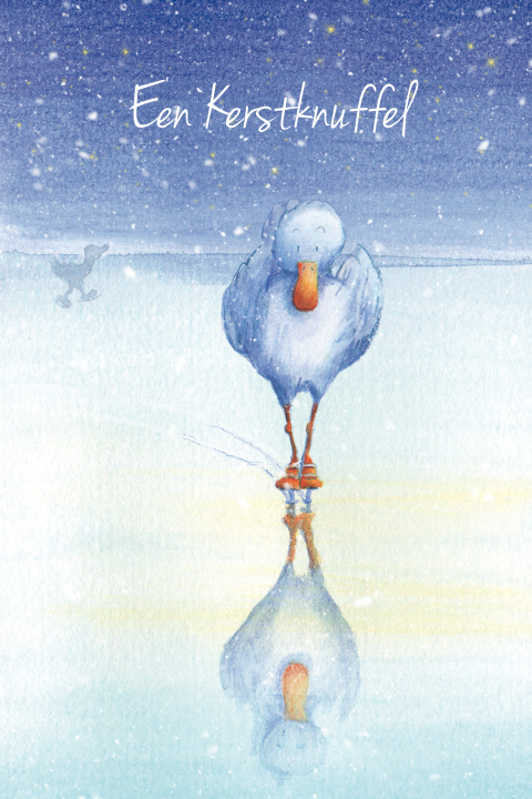 Kerstkaart eend met spiegeling in het ijs