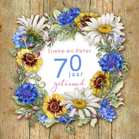 Uitnodiging 70 jaar getrouwd fleurige bloemen krans