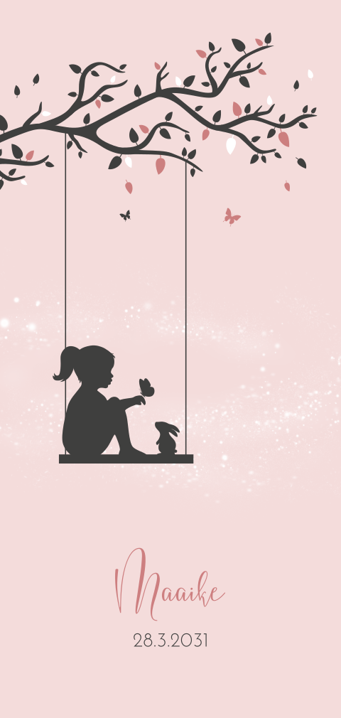 Silhouet geboortekaartje met meisje op schommel