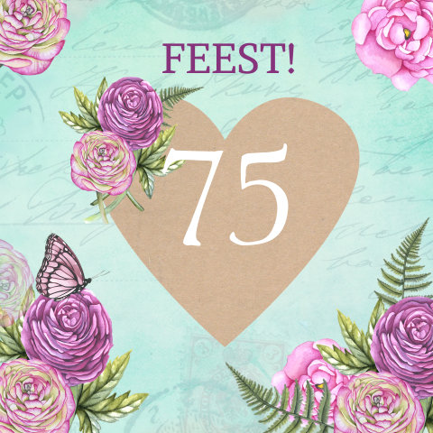 Uitnodiging verjaardag 75 jaar hart met bloemen