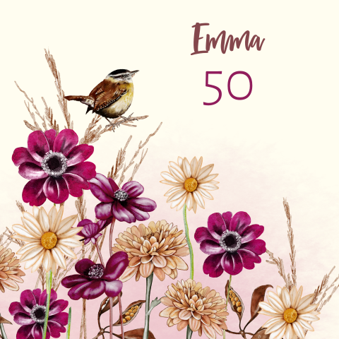 Uitnodiging 50e verjaardag vrouw met bloemen en vogeltje
