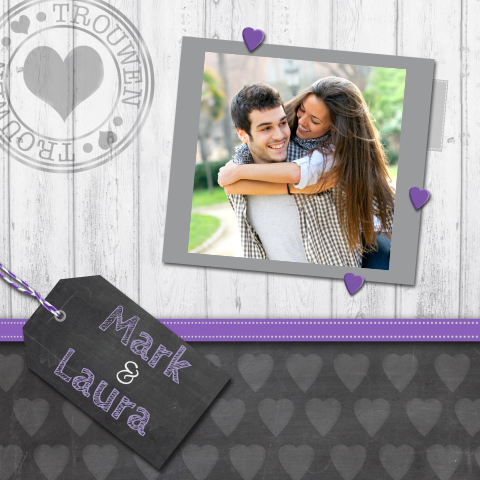 Hippe trouwkaart met paars lint en foto