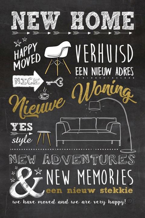 Typografie verhuiskaart in krijtbord en goud en zwart tinten