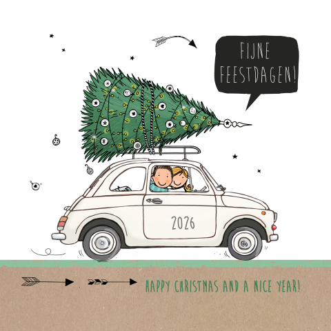 Leuke getekende kerstkaart van leuke fiat 500 met kerstboom