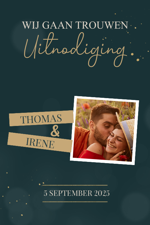 Moderne trouwkaart met foto op donkere achtergrond