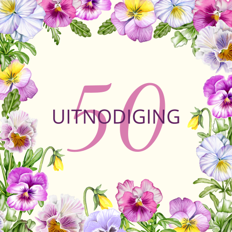 Uitnodiging kleurrijke viooltjes 50 jaar vrouw feestje