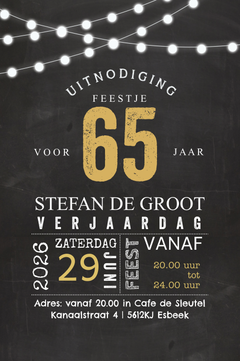 Uitnodiging 65 jaar  verjaardag krijtbord staand enkel