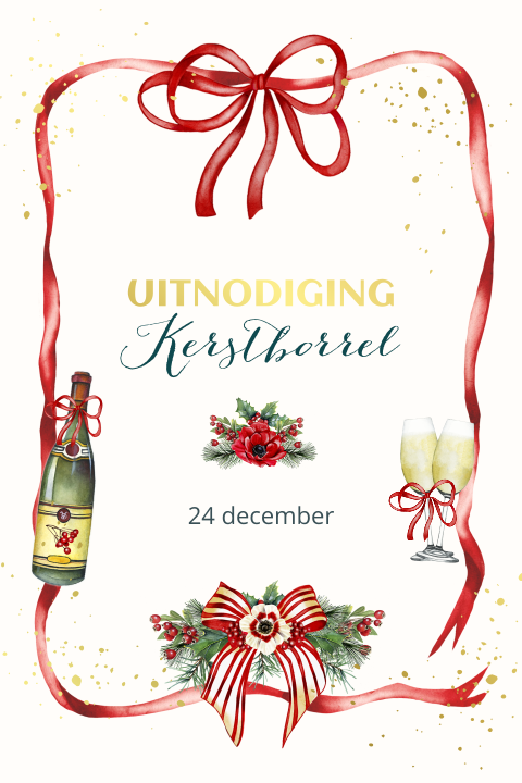 Uitnodiging zakelijke kerstborrel rood lint en goudfolie