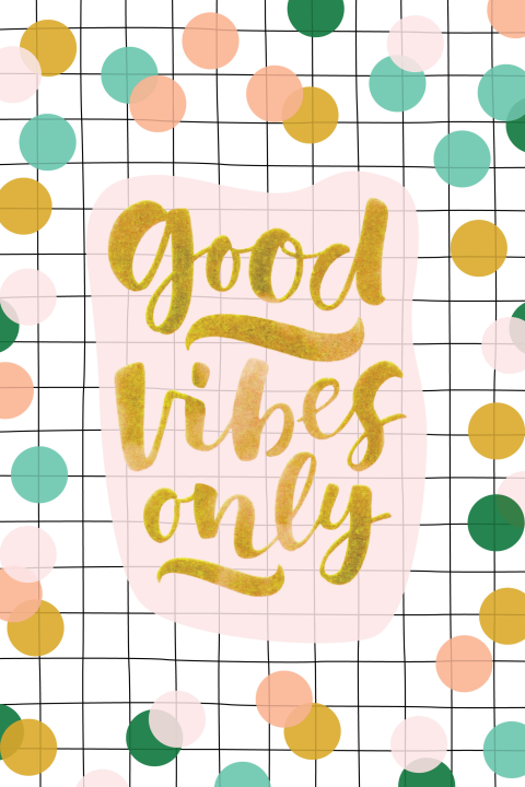 Moderne kerstkaart met tekst Good vibes only en confetti