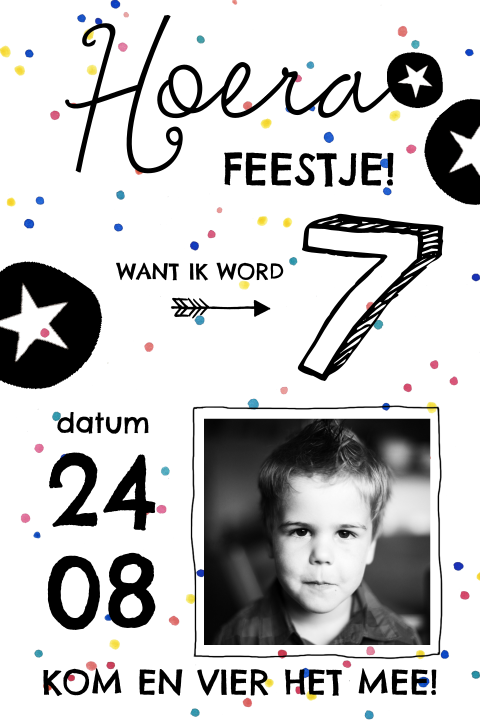 Uitnodiging kinderfeestje met confetti en sterren en foto