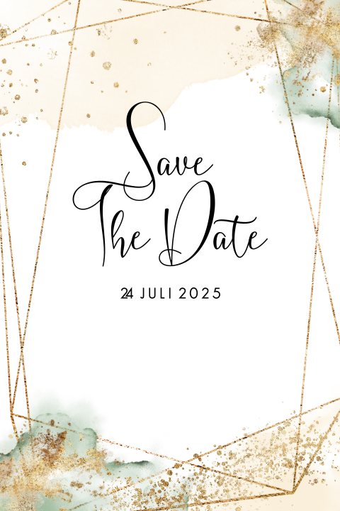Save The Date kaart geometrisch met pastel groen en goud