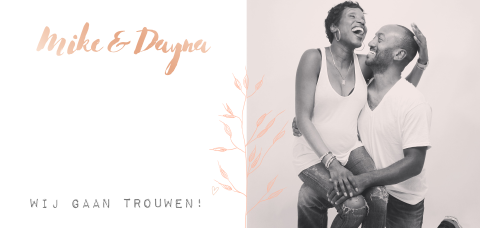 Trouwkaart met foto, takje en foliedruk