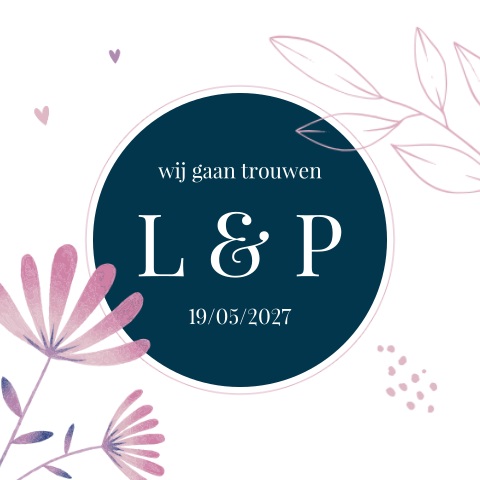 Trouwkaart met paarse bloemen en goudfolie