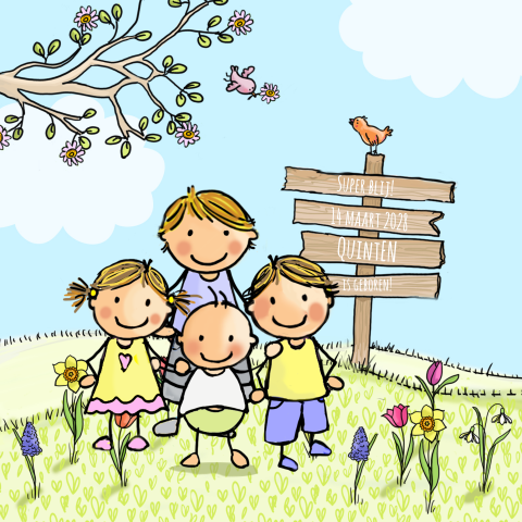 Leuk schattig lente geboortekaartje getekend lente vierde kindje