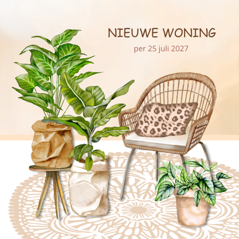 Verhuiskaart met rotan stoel en planten