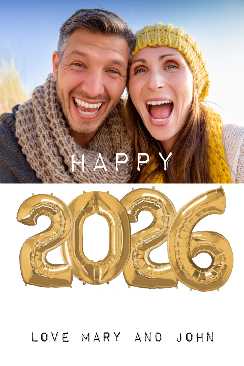 Nieuwjaarskaart Happy new year ballonnen goud