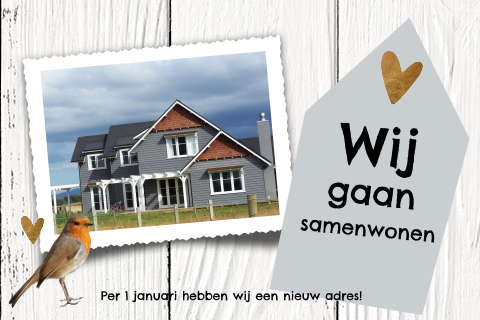 Verhuiskaart samenwonen met wit hout koper huisje en label