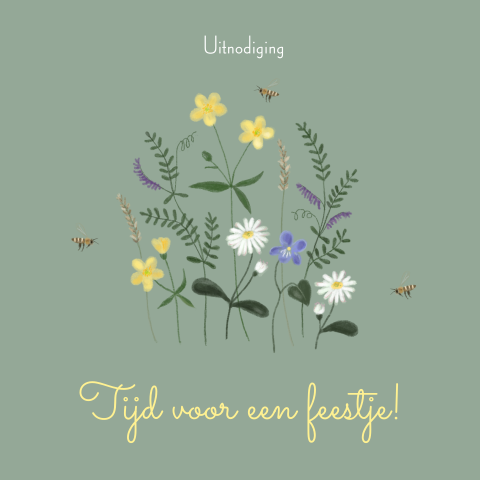 Uitnodigingskaart voor een feestje veldbloemen en bijen