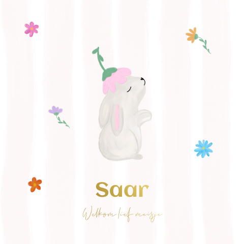 Geboortekaartje voor een meisje met konijntje en bloemen