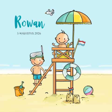 Geboortekaartje jongen 2de kindje strand met broertje