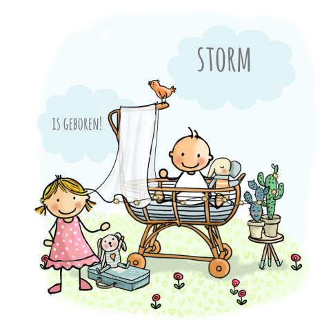 2e kindje geboortekaartje geillustreerd jongen en zus in wiegje