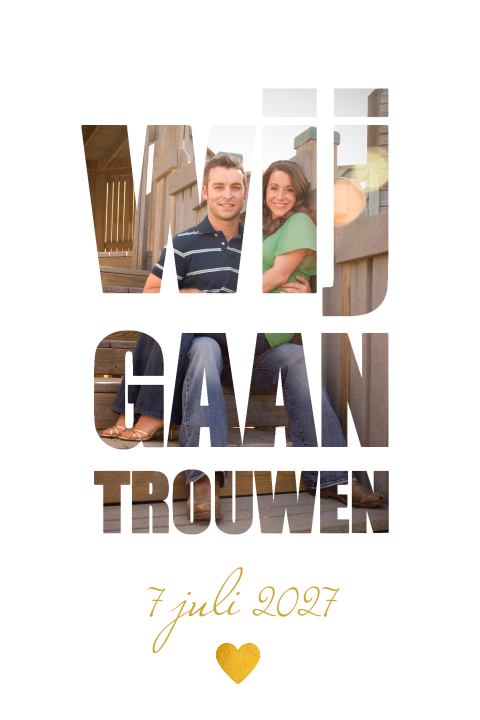 Staande trouwkaart met foto achter tekst