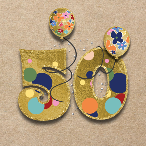 Vrolijke verjaardagsuitnodiging 50 jaar met ballonnen