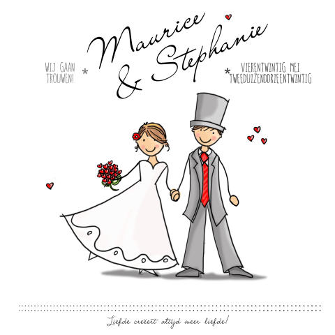 Leuk getekende huwelijkskaart met bruidspaar en illustraties