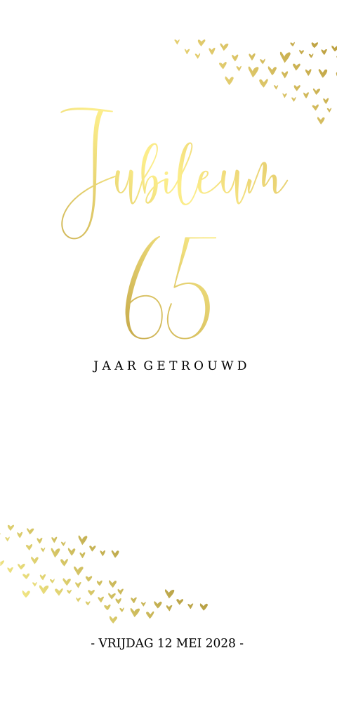 Jubileum 65 jaar uitnodiging met hartjes in goudfolie