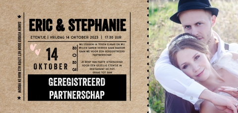 Ticket geregistreerd partnerschap Uitnodiging langwerpig met eigen foto