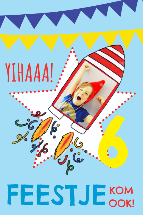 Uitnodiging voor een kinderfeestje met een raket en slingers