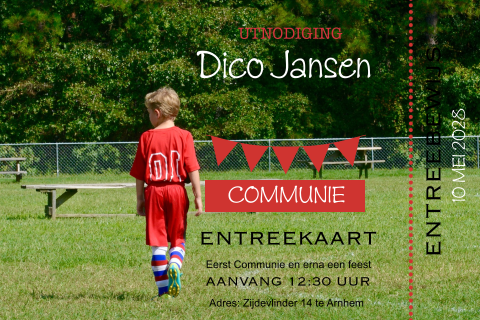 Uitnodiging ticket toegangskaart met foto communiefeest voetbal