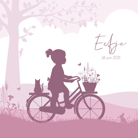 Geboortekaartje met meisje op fiets met bloemen