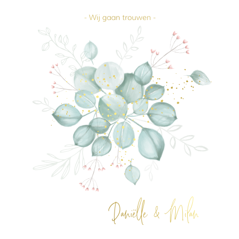 Botanische trouwkaart met eucalyptus en goudfolie
