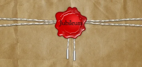 Uitnodiging jubileum zegel en touw op oud papier