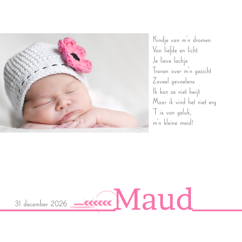 Lieve foto geboortekaart meisje roze details
