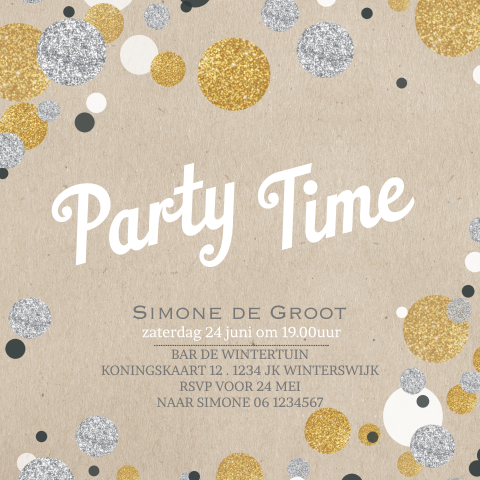 Uitnodiging verjaardag enkel met confetti in zilver en goudlook