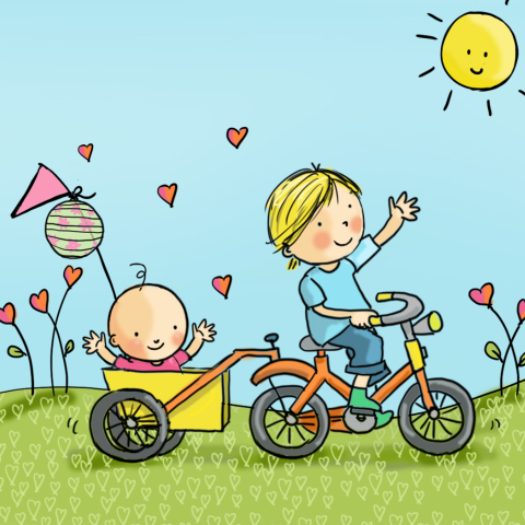 Getekend 2e kindje geboortekaartje met broer en klein zusje