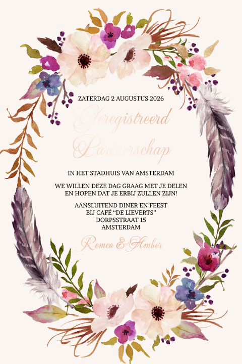 Bohemian foliedruk Geregistreerd partnerschap met bloemen en veren