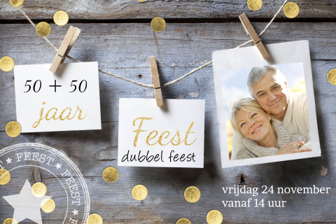 Uitnodiging dubbel feest met hout en gouden confetti