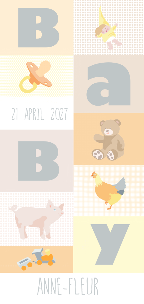 Meisjes geboortekaartje met speelgoed, beer, speentje