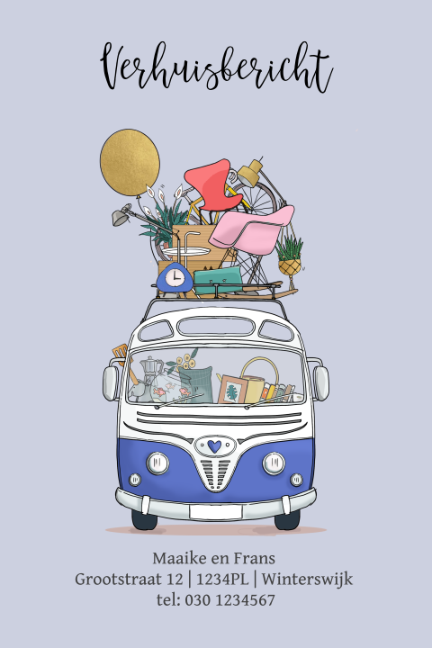 Grappige verhuiskaart met retro blauwe verhuis busje voorkant