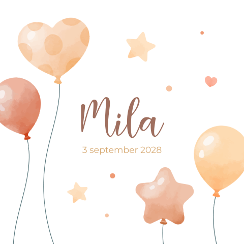 Geboortekaartje voor een meisje met ballonnen in hartjes en ster vorm