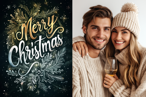 Kerstkaart met eigen foto, Merry Christmas handettering