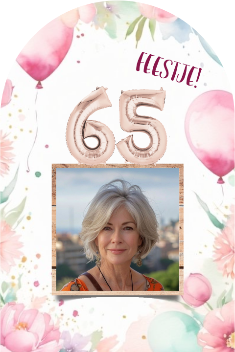 Uitnodiging 65e verjaardag vrouw met ballonnen en eigen foto