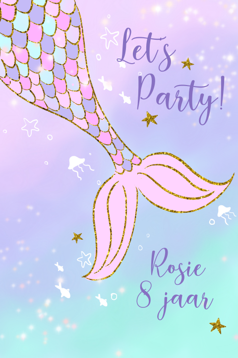 Kinderfeestje uitnodiging zwemfeestje zeemeermin glitter