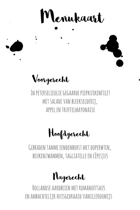 Menukaart met zwart wit verfvlekken patroon